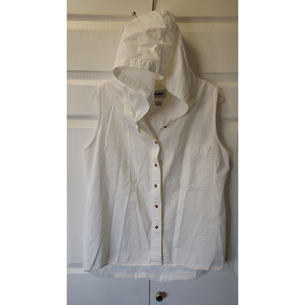 Vintage GITANO White Sleeveless Hooded Button Up Shirt - Size Large